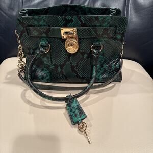 Michael Kors Hamilton python-embossed leather satchel in green and black